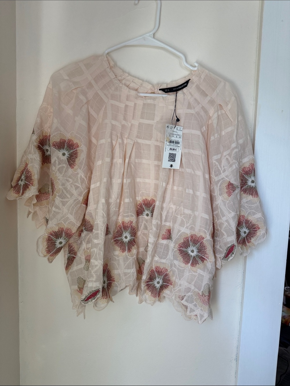Embroidered Floral Peasant Blouse - Blush Pink